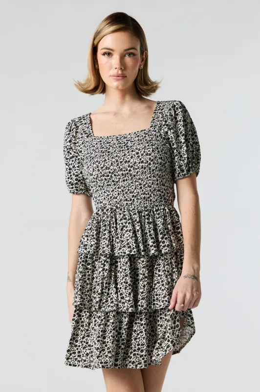 Black and White Floral Smocked Tiered Mini Dress sold by Charlotte Russe