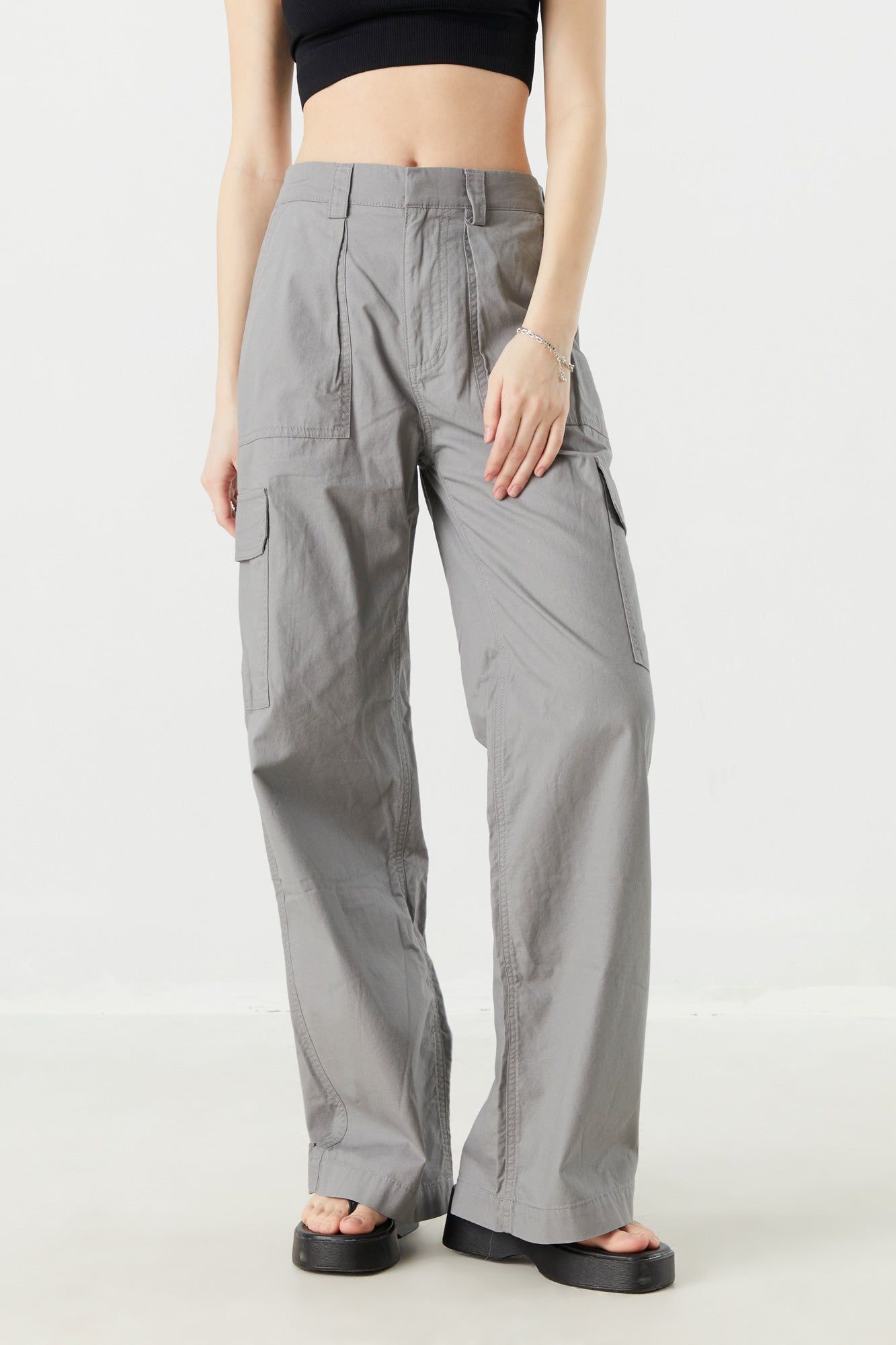 Grey Poplin Wide Leg Cargo Pant sold by Charlotte Russe product image thumbnail 2