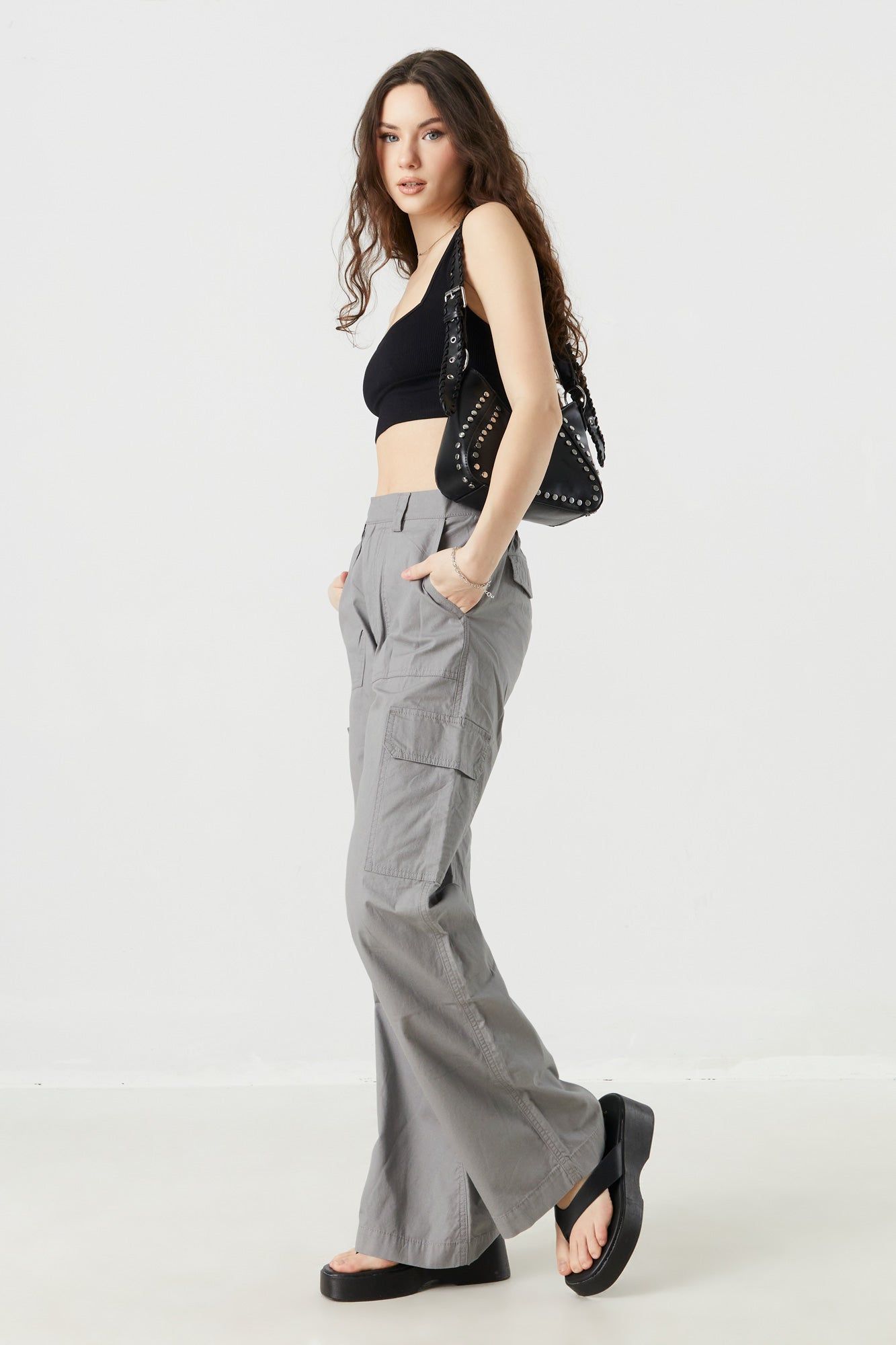 Grey Poplin Wide Leg Cargo Pant sold by Charlotte Russe