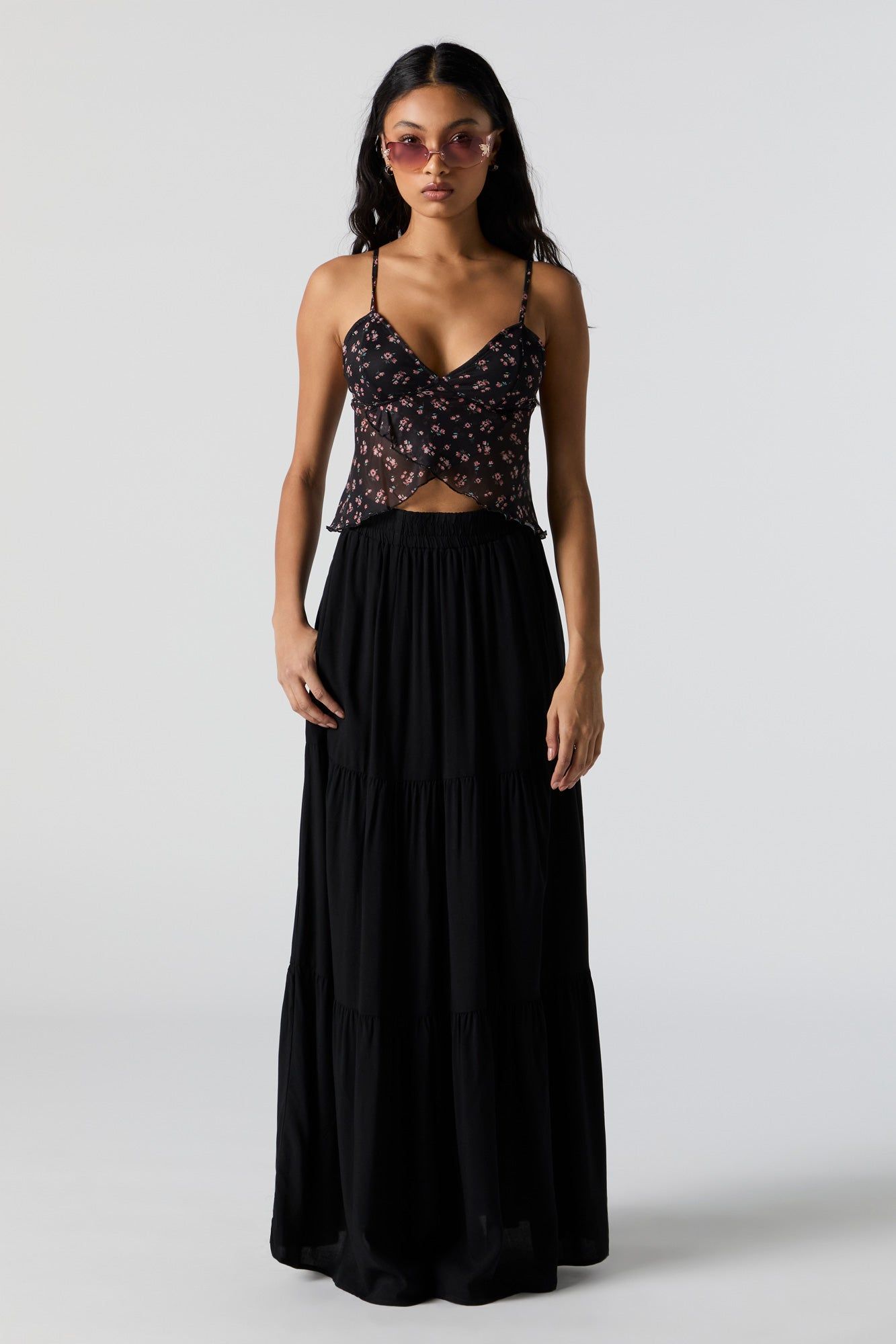Black High Rise Tiered Maxi Skirt sold by Charlotte Russe
