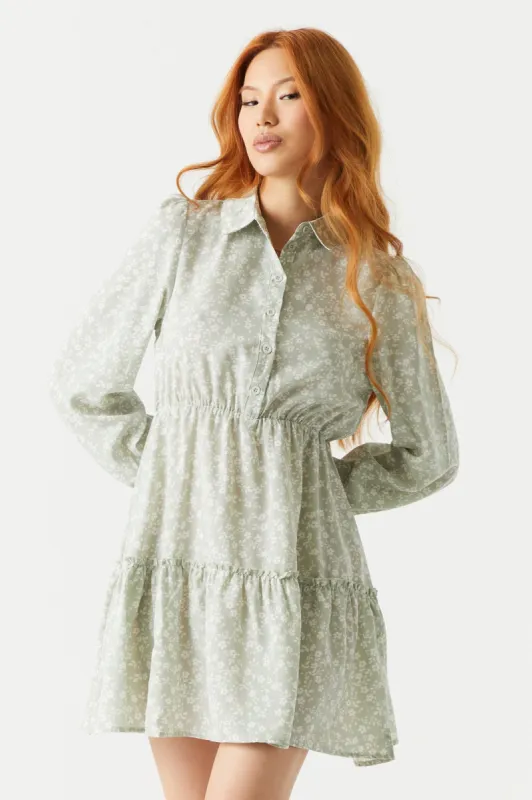 Sage Floral Print Cinched Waist Shirt Dress sold by Charlotte Russe
