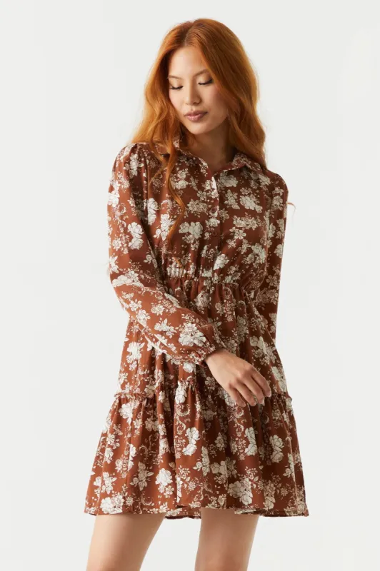 Brown Floral Print Cinched Waist Shirt Dress sold by Charlotte Russe