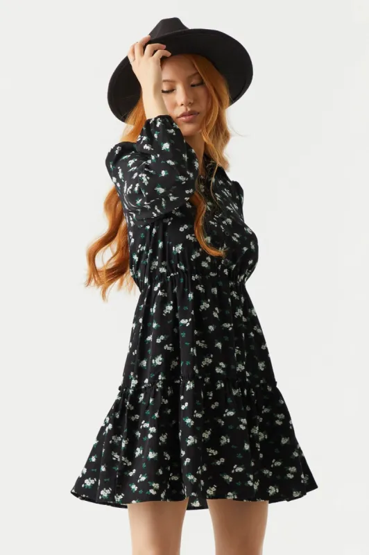 Black Floral Print Cinched Waist Shirt Dress sold by Charlotte Russe
