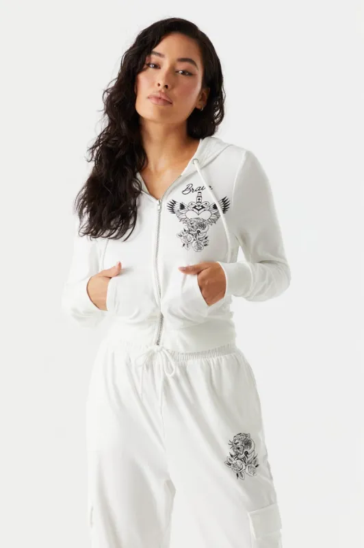 Soft Brave Graphic Zip Crop Hoodie sold by Charlotte Russe