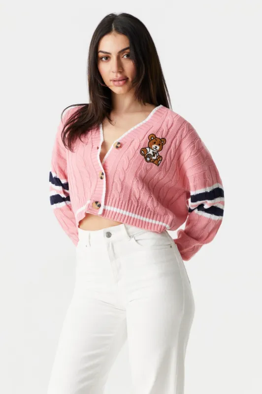Cable Knit Teddy Bear Graphic Varsity Button-Up Cardigan sold by Charlotte Russe