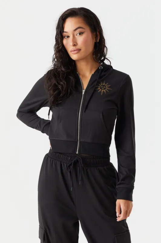 Soft Mystic Sun Graphic Zip Crop Hoodie sold by Charlotte Russe