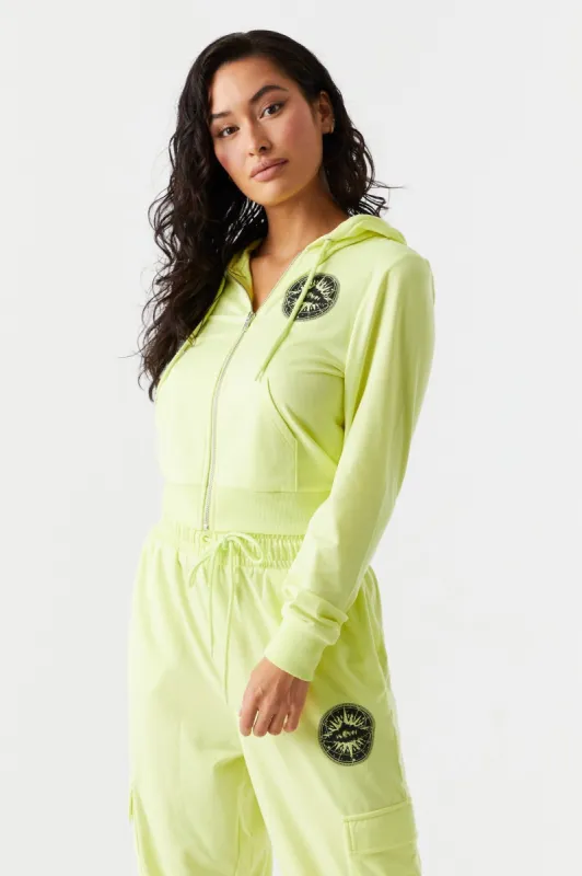 Soft Compass Graphic Zip Crop Hoodie sold by Charlotte Russe