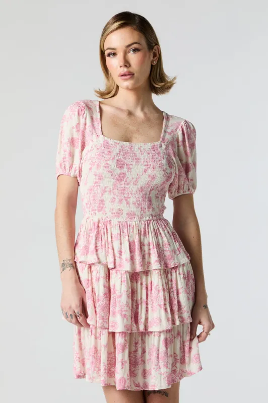 Pink Floral Smocked Tiered Mini Dress sold by Charlotte Russe
