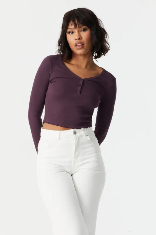 Ribbed Lettuce Hem Cropped Henley Top sold by Charlotte Russe