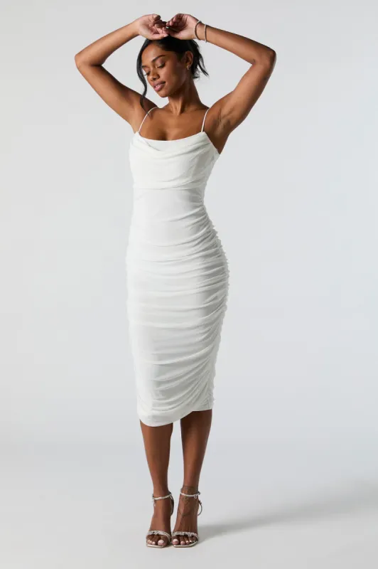 Mesh Cowl Neck Ruched Midi Dress sold by Charlotte Russe