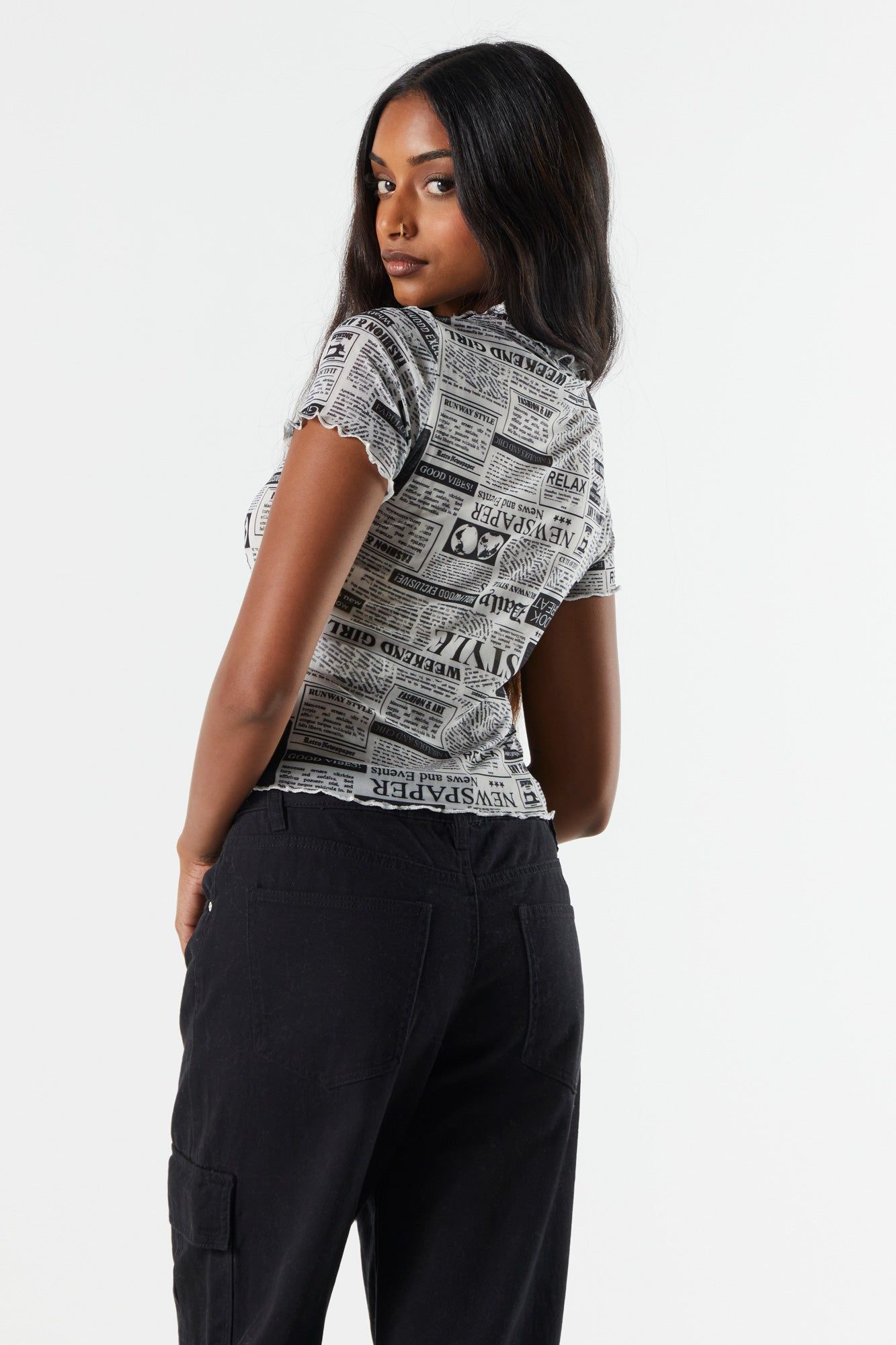 Newspaper Print Mesh Ruffle T-Shirt sold by Charlotte Russe product image thumbnail 2