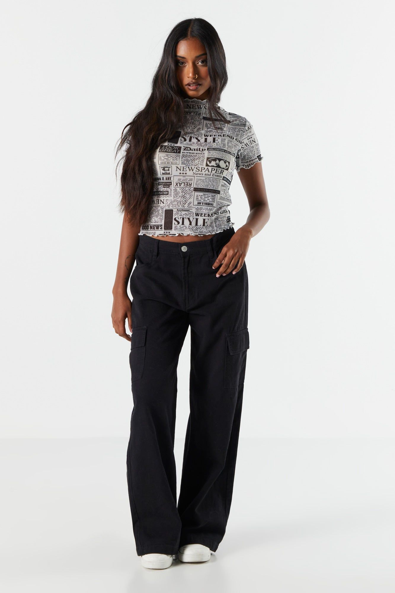 Newspaper Print Mesh Ruffle T-Shirt sold by Charlotte Russe product image thumbnail 3