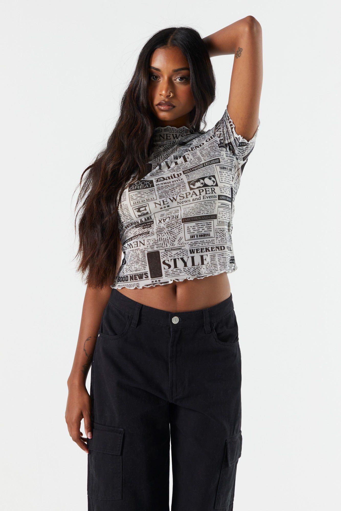 Newspaper Print Mesh Ruffle T-Shirt sold by Charlotte Russe