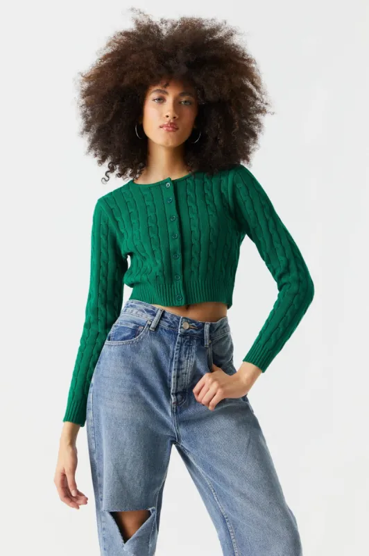 Cable Knit Button-Up Cropped Cardigan sold by Charlotte Russe