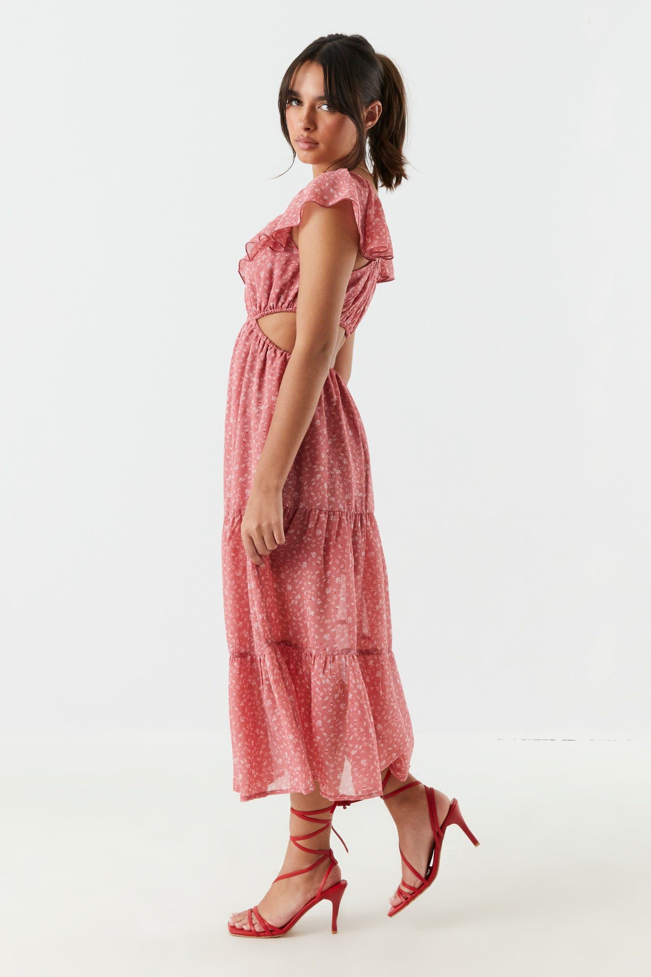 Red Floral Side Cut-Out Tiered Maxi Dress sold by Charlotte Russe product image thumbnail 3