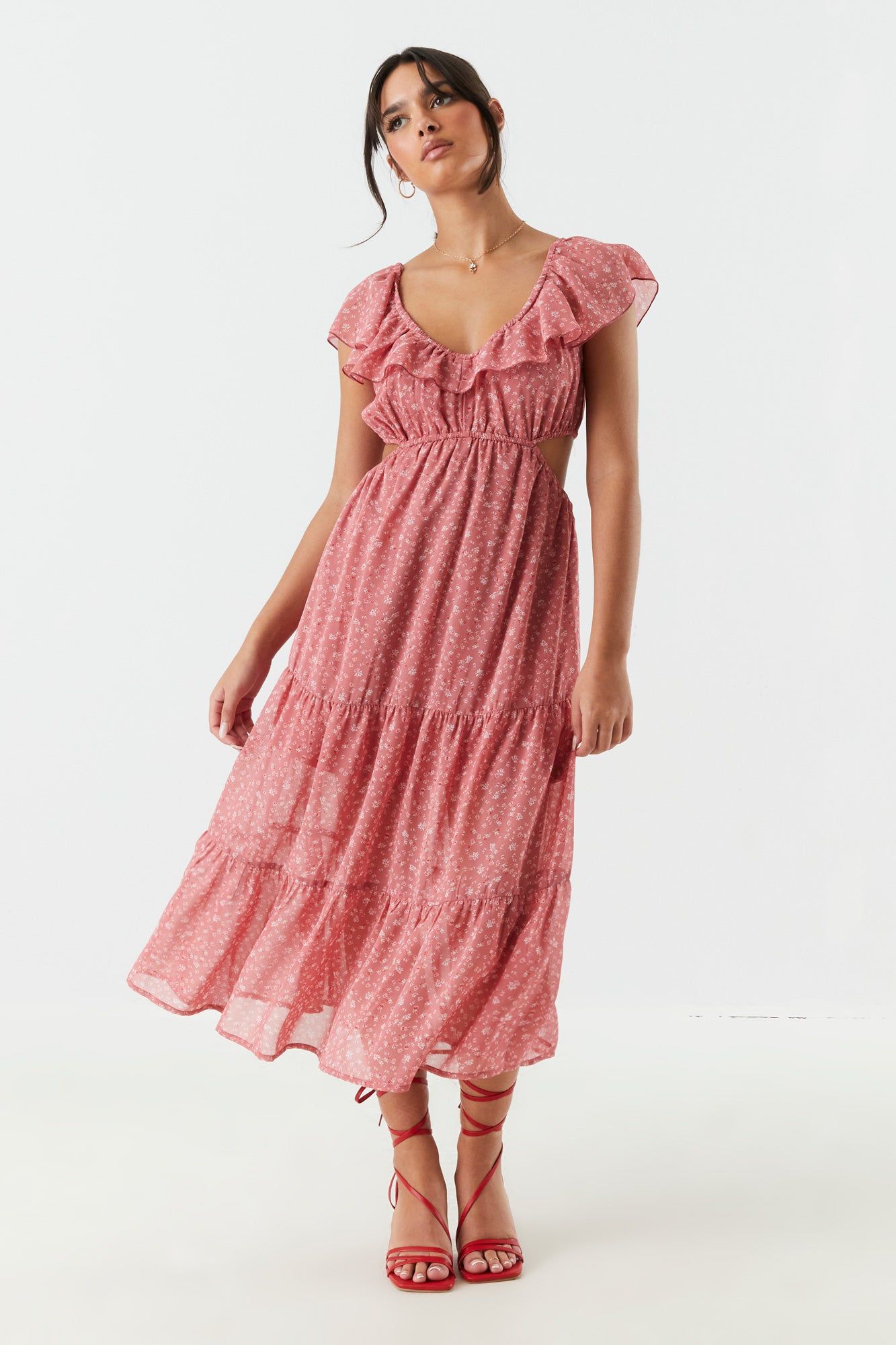 Red Floral Side Cut-Out Tiered Maxi Dress sold by Charlotte Russe