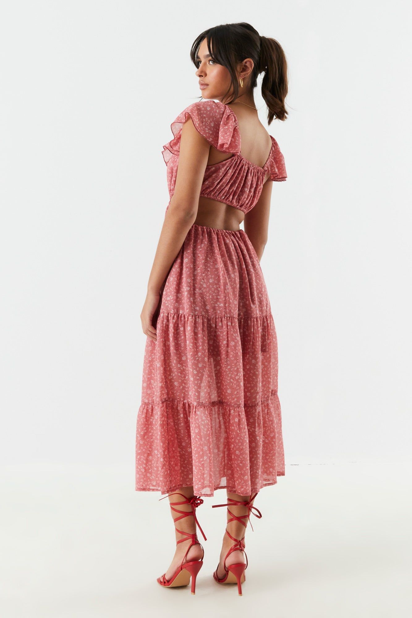 Red Floral Side Cut-Out Tiered Maxi Dress sold by Charlotte Russe product image thumbnail 2