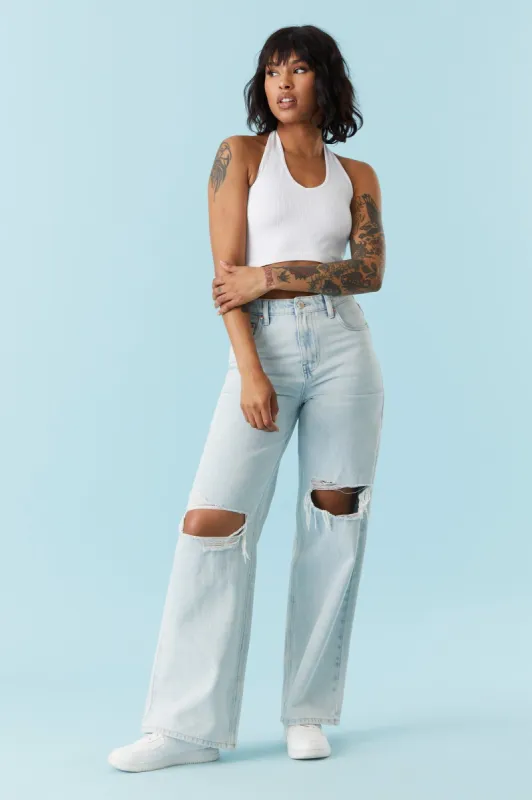 Refuge High-Rise Distressed Bleached Wash Loose Leg Jean sold by Charlotte Russe