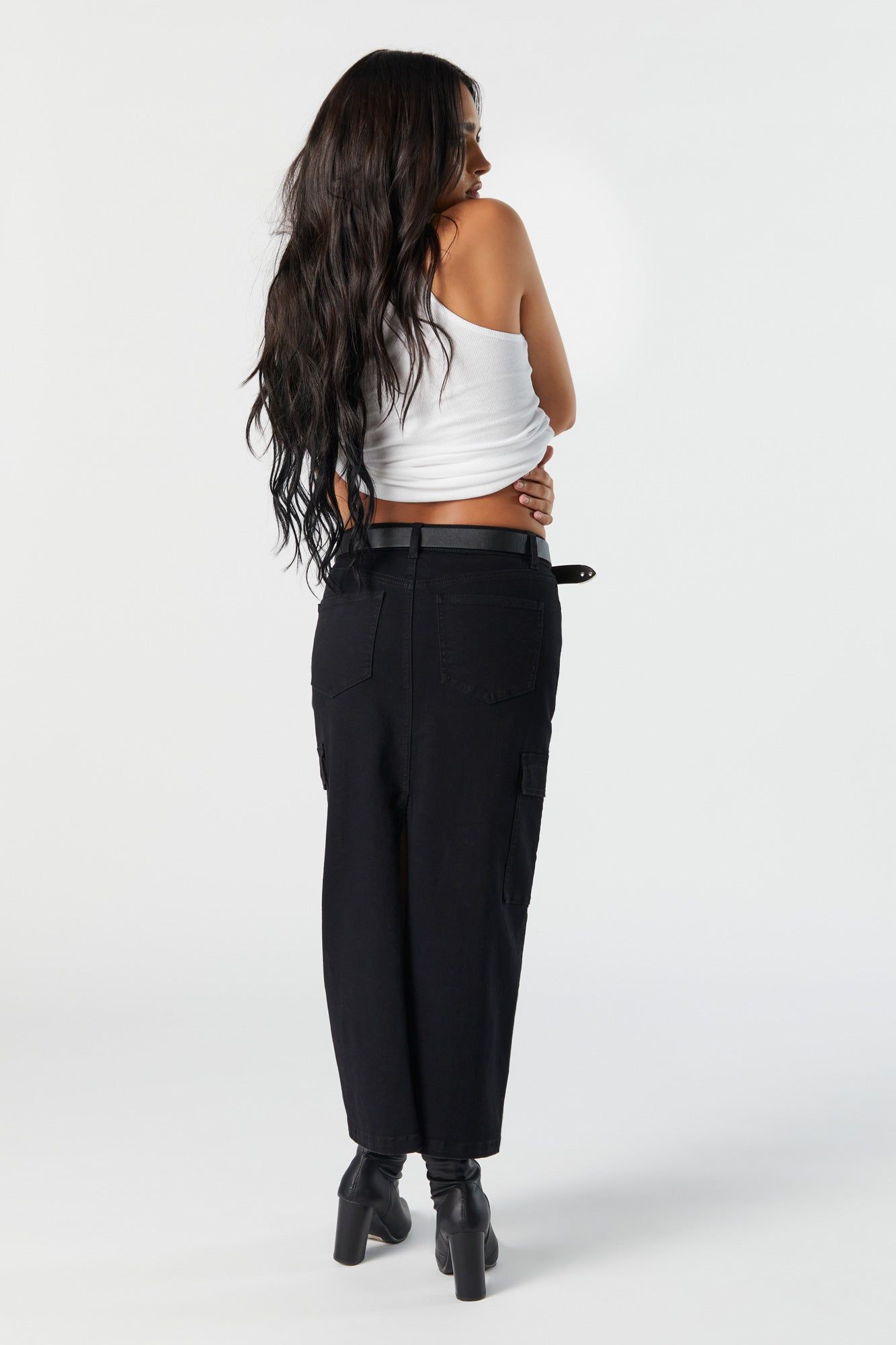 Black Wash Denim Cargo Maxi Skirt sold by Charlotte Russe product image thumbnail 3