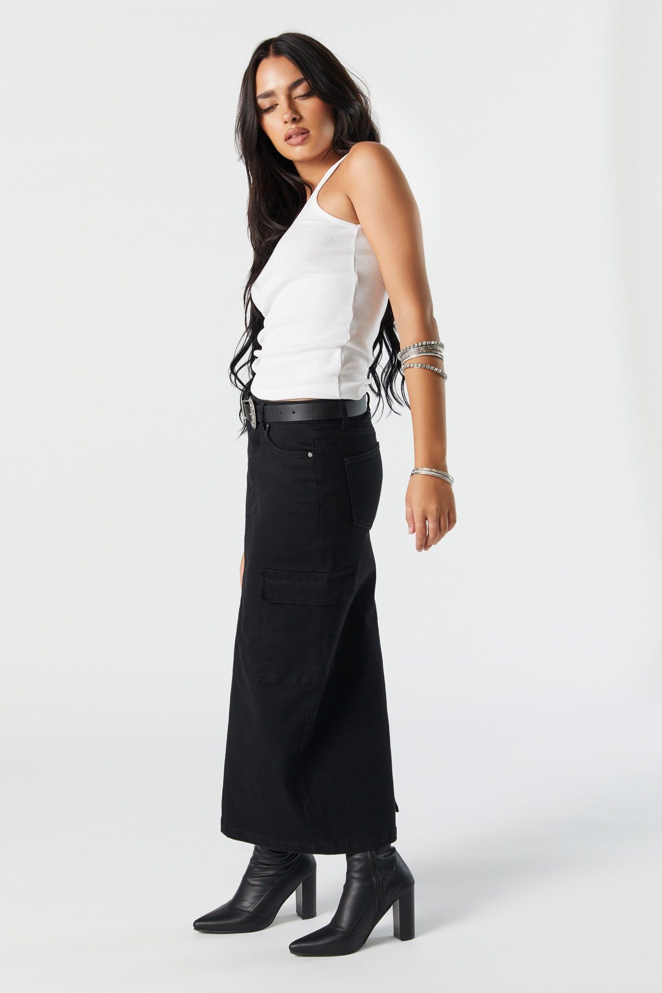 Black Wash Denim Cargo Maxi Skirt sold by Charlotte Russe product image thumbnail 4