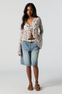 Floral Chiffon Front Tie Long Sleeve Top sold by Charlotte Russe