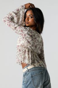 Floral Chiffon Front Tie Long Sleeve Top sold by Charlotte Russe