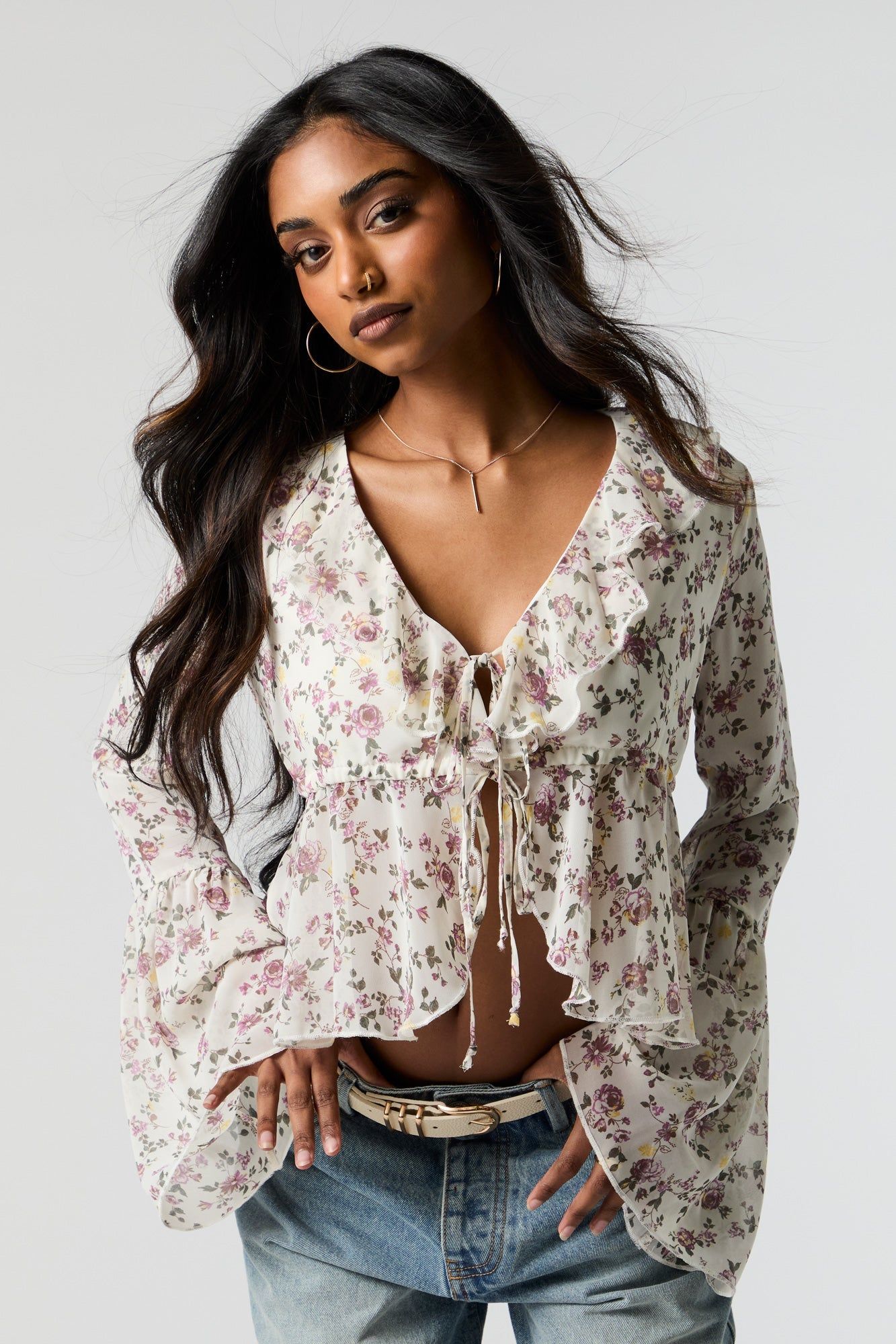Floral Chiffon Front Tie Long Sleeve Top sold by Charlotte Russe