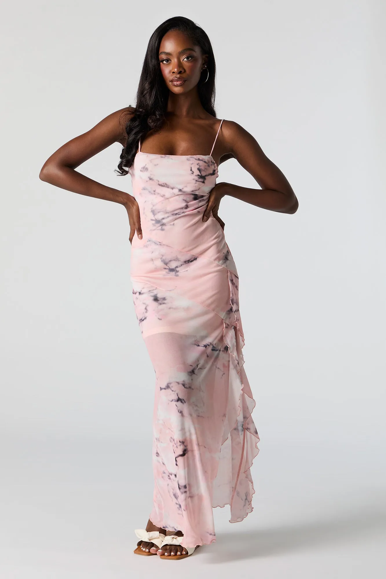 Printed Mesh Ruffled Slit Maxi Dress sold by Charlotte Russe