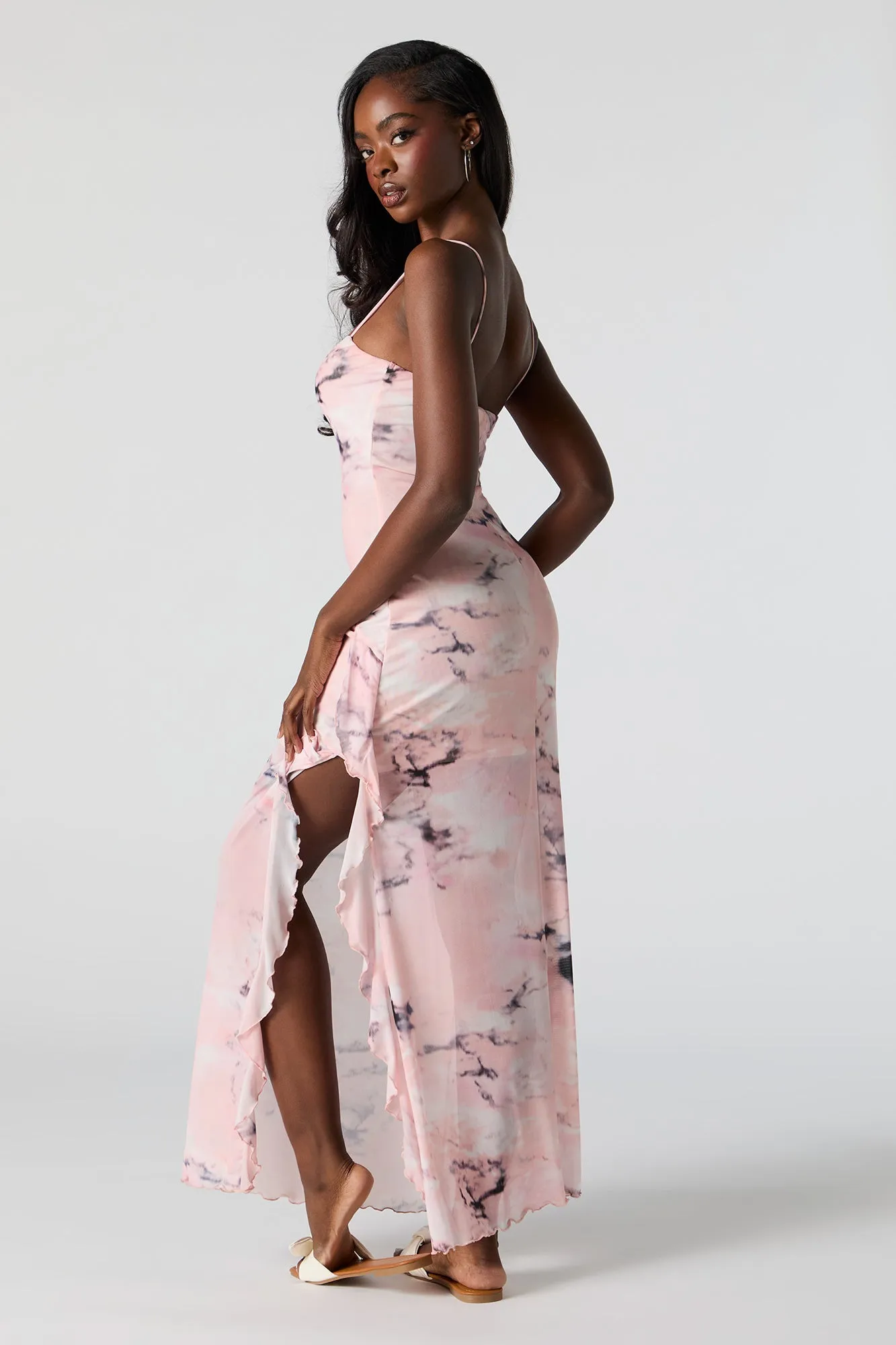 Printed Mesh Ruffled Slit Maxi Dress sold by Charlotte Russe product image thumbnail 3