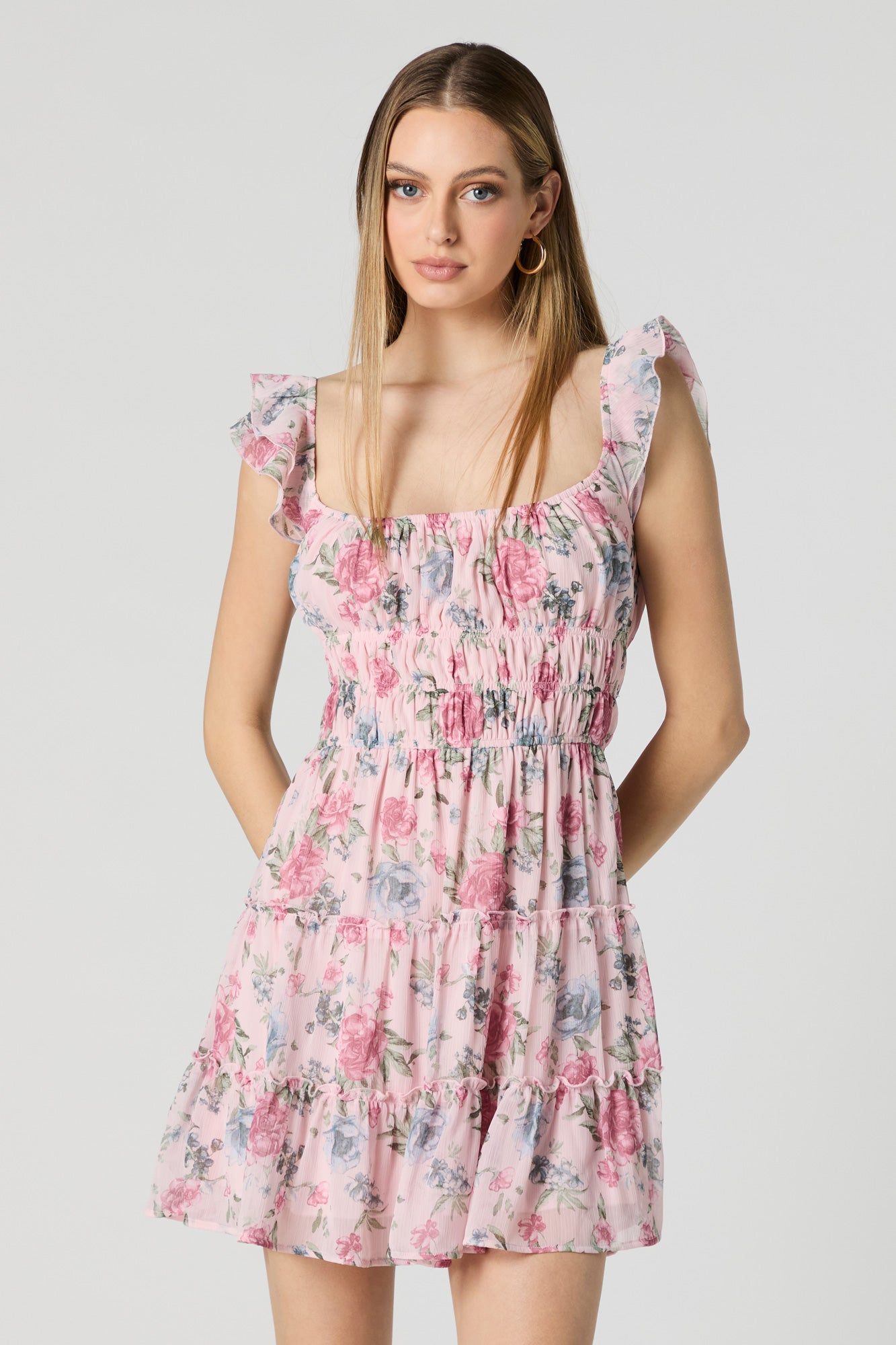 Pink Floral Smocked Flutter Sleeve Mini Dress sold by Charlotte Russe product image thumbnail 4