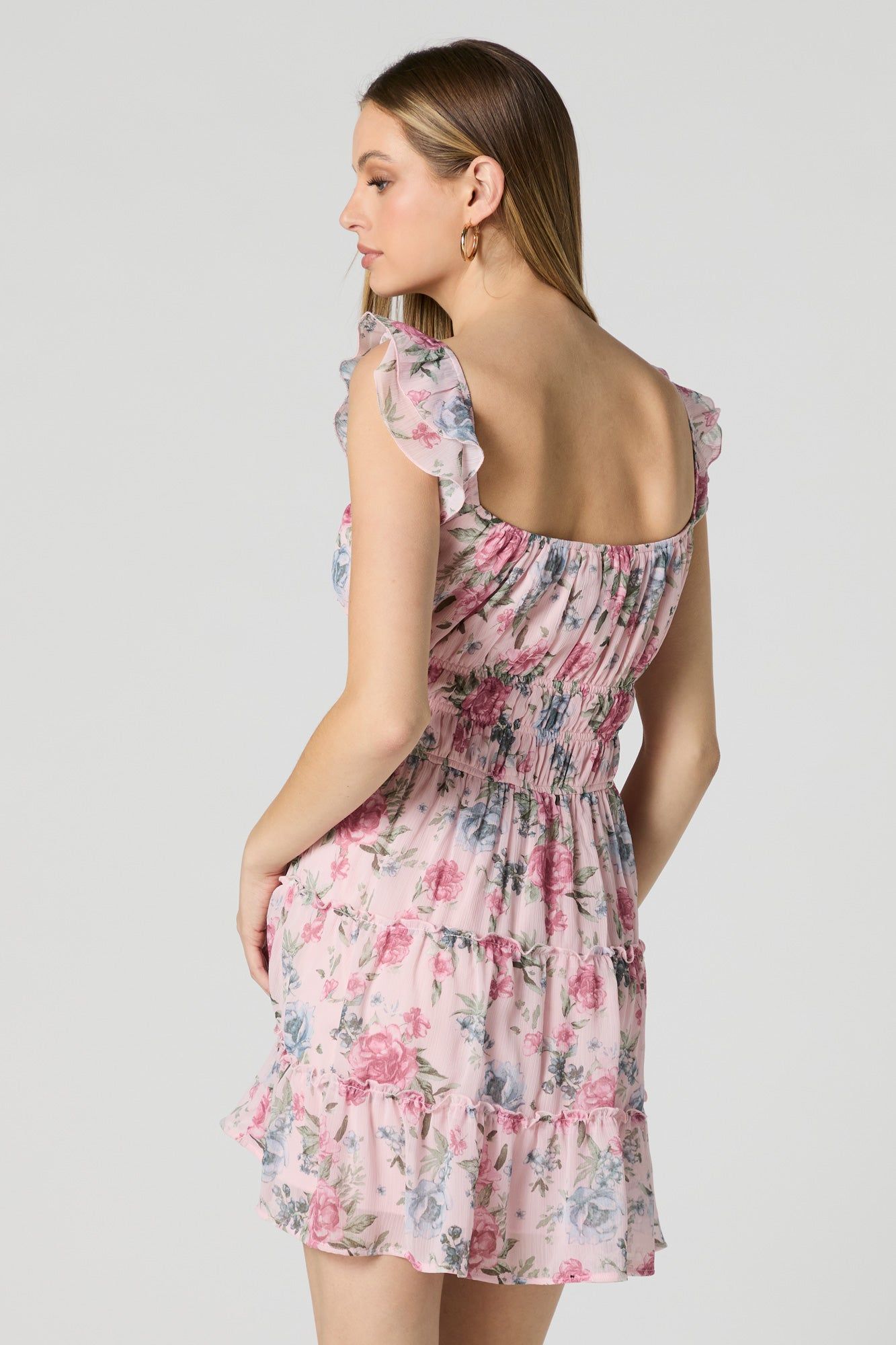 Pink Floral Smocked Flutter Sleeve Mini Dress sold by Charlotte Russe product image thumbnail 2