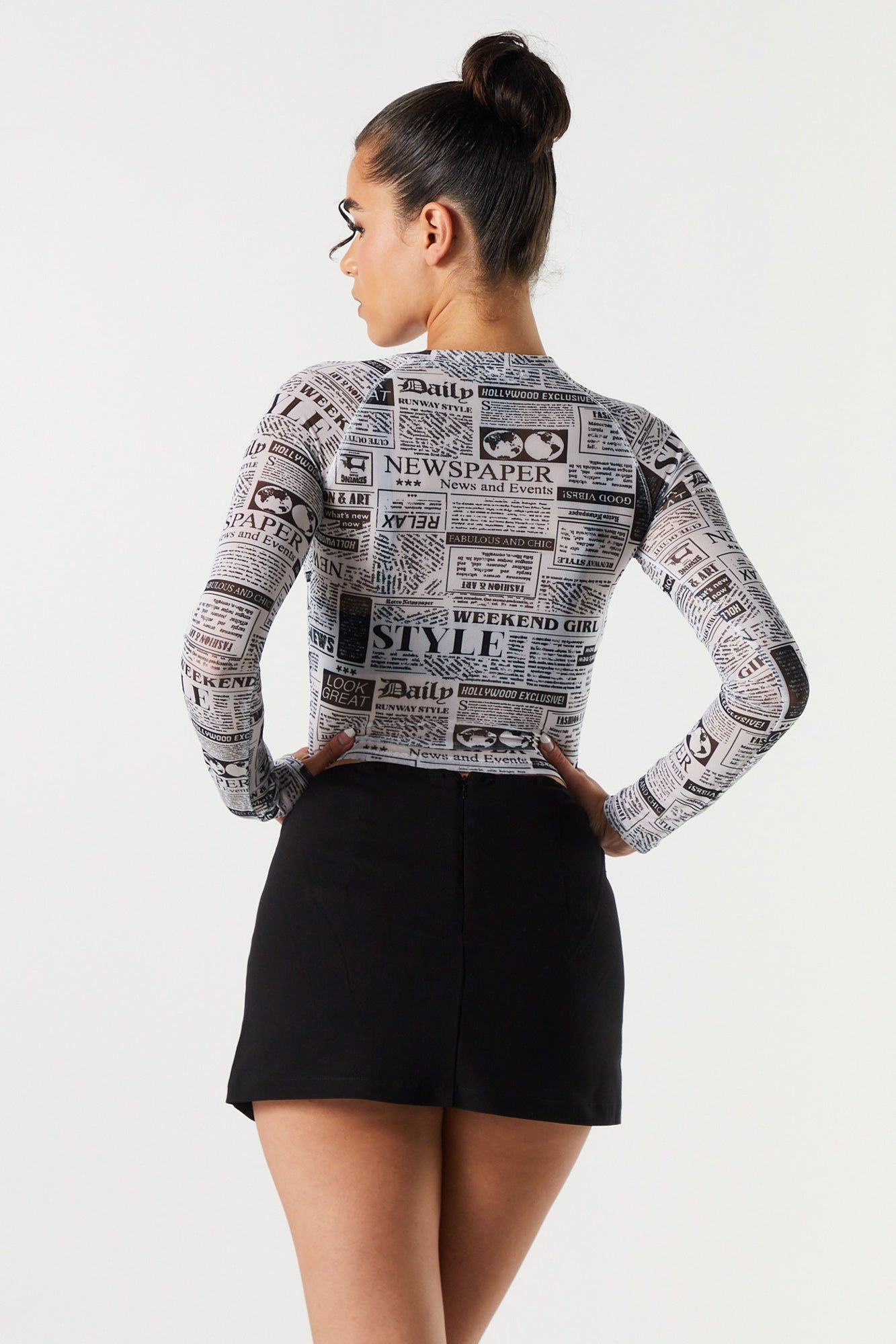 Newspaper Print Mesh Long Sleeve Crop Top sold by Charlotte Russe product image thumbnail 2