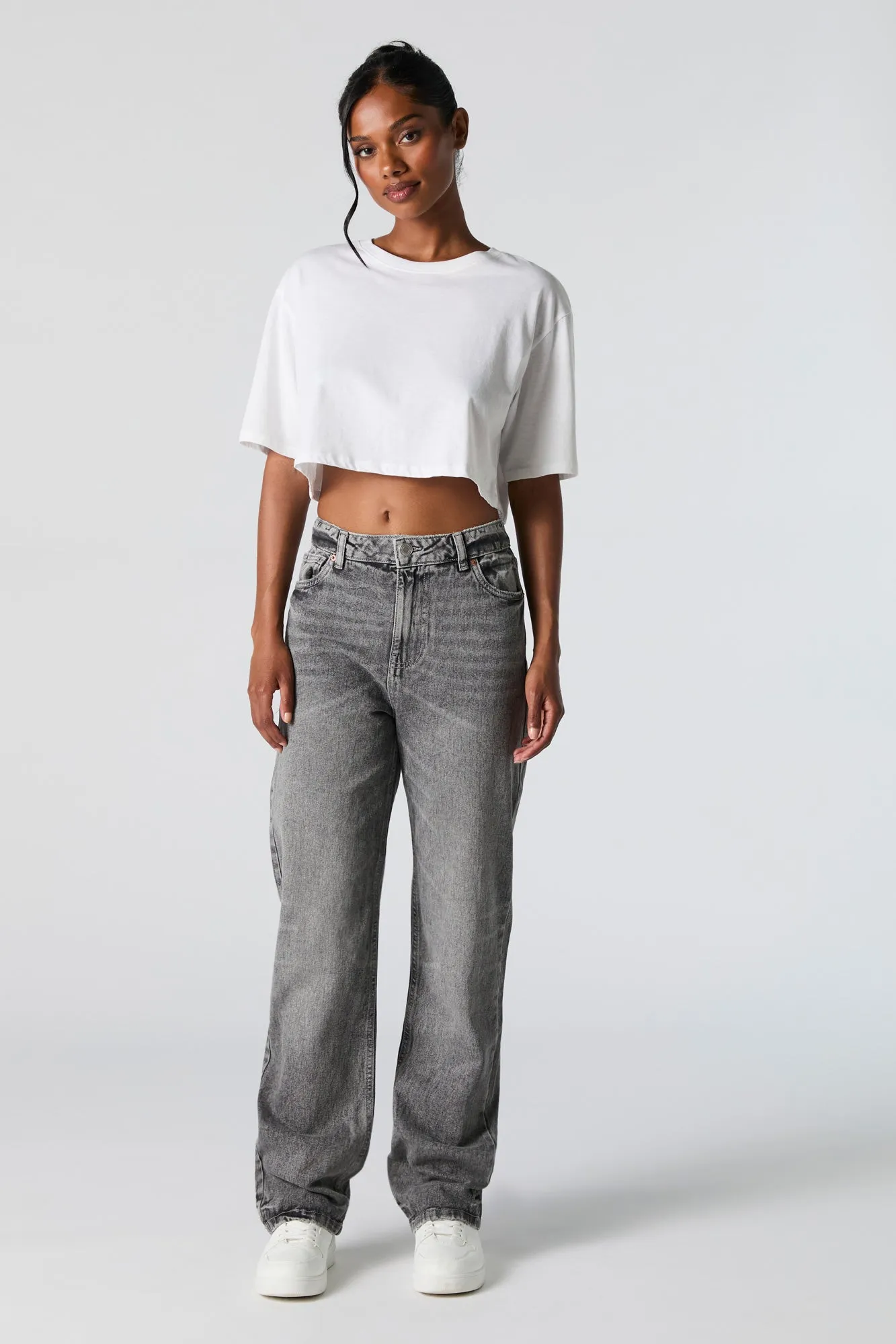 Grey Vintage Wash High Rise Straight Leg Jean sold by Charlotte Russe