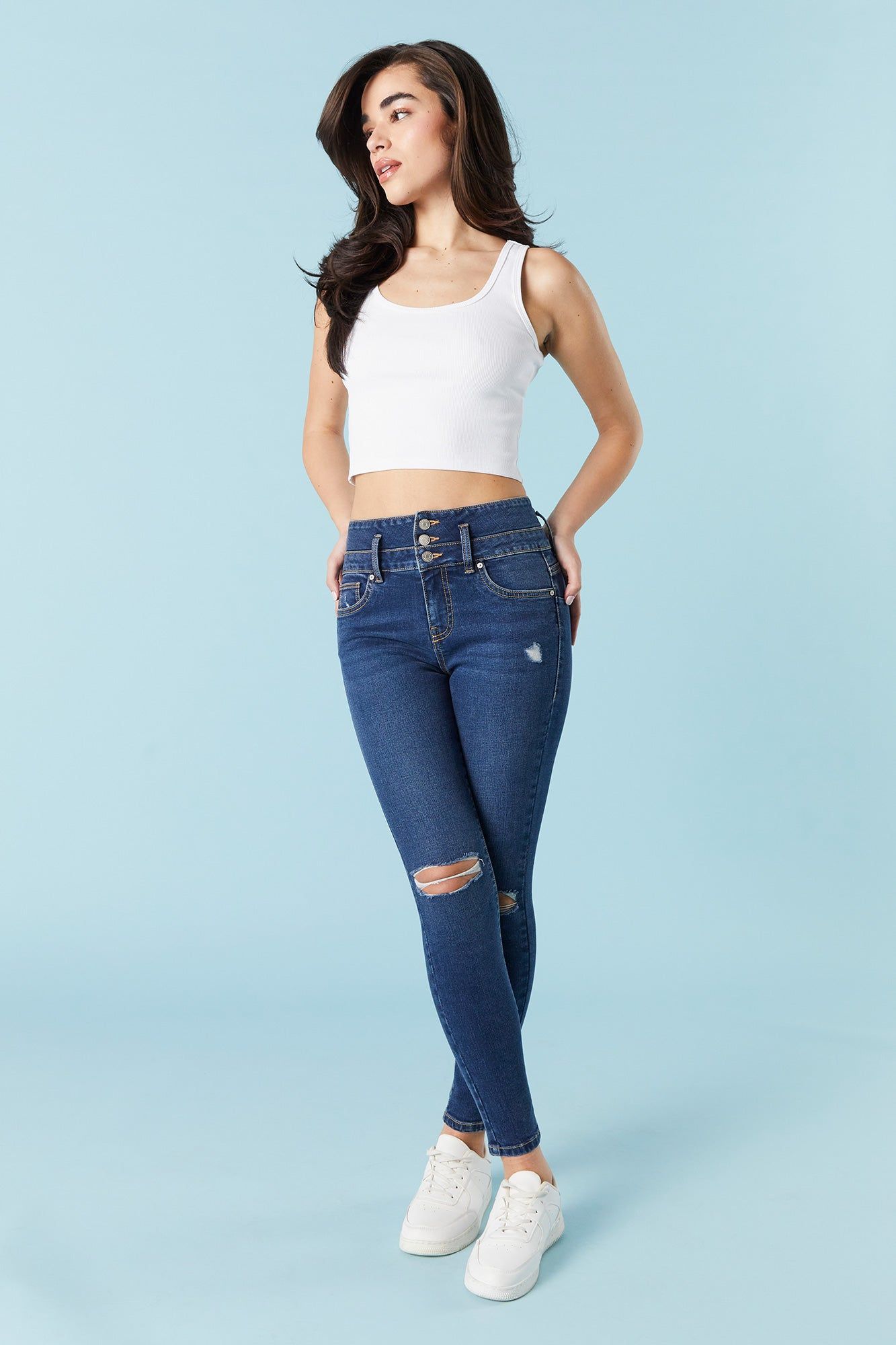 Ibiza Dark Wash Distressed Skinny Jean sold by Charlotte Russe