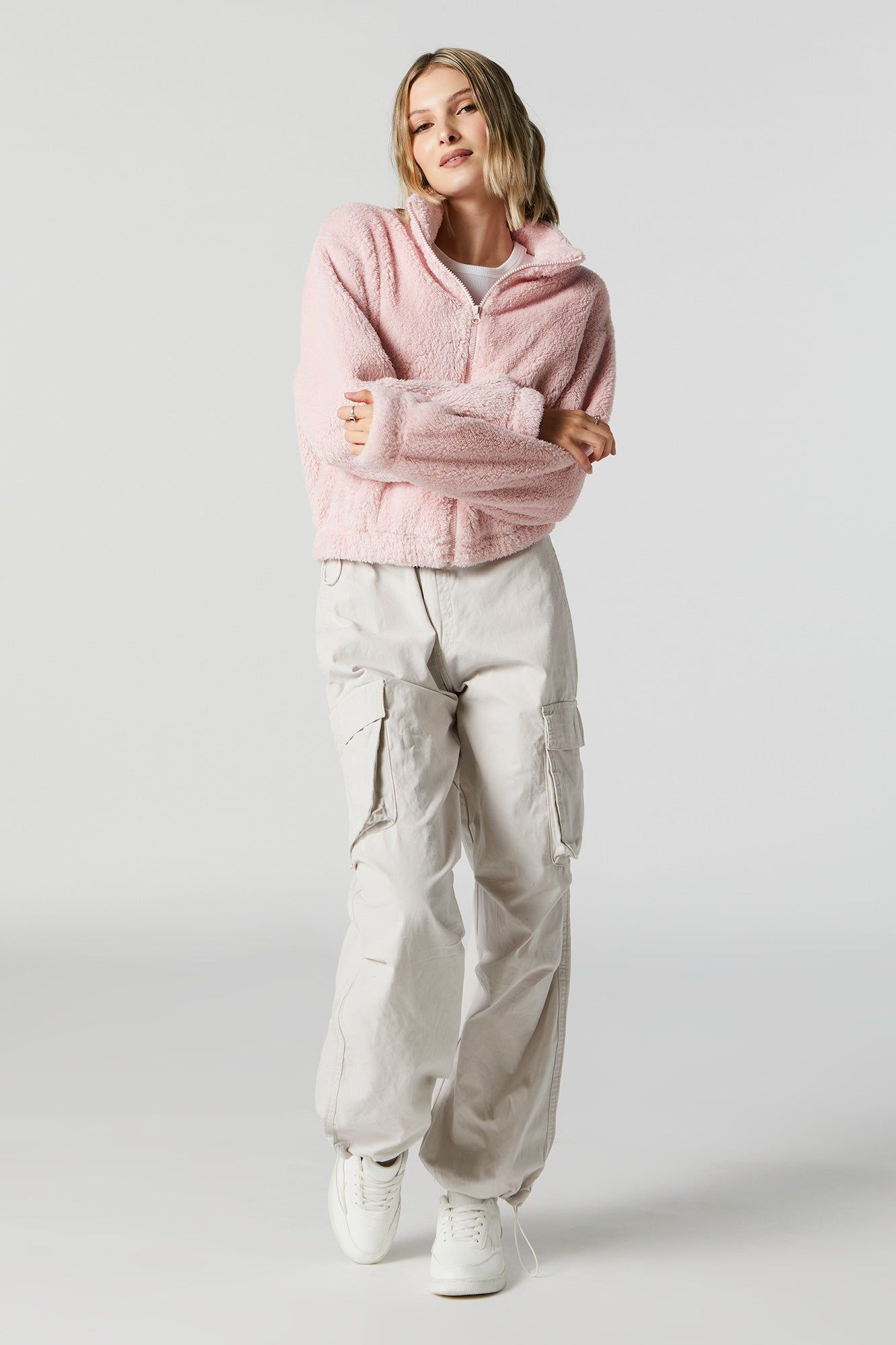 Pink Coloured Plush Bomber Jacket sold by Charlotte Russe product image thumbnail 3