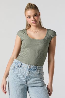 Coloured Contour Ribbed Cap Sleeve Bodysuit sold by Charlotte Russe