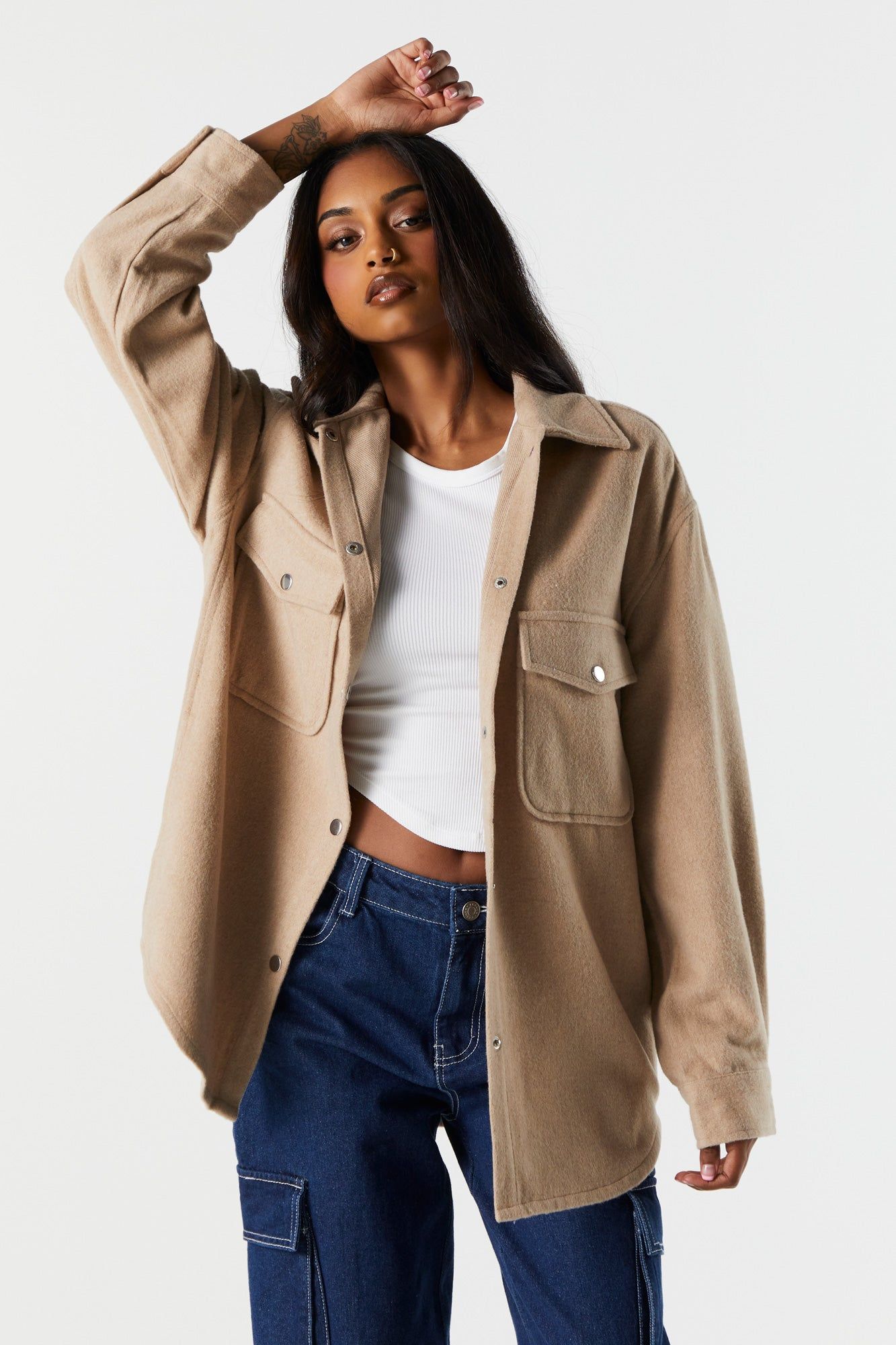 Brushed Flannel Shacket sold by Charlotte Russe