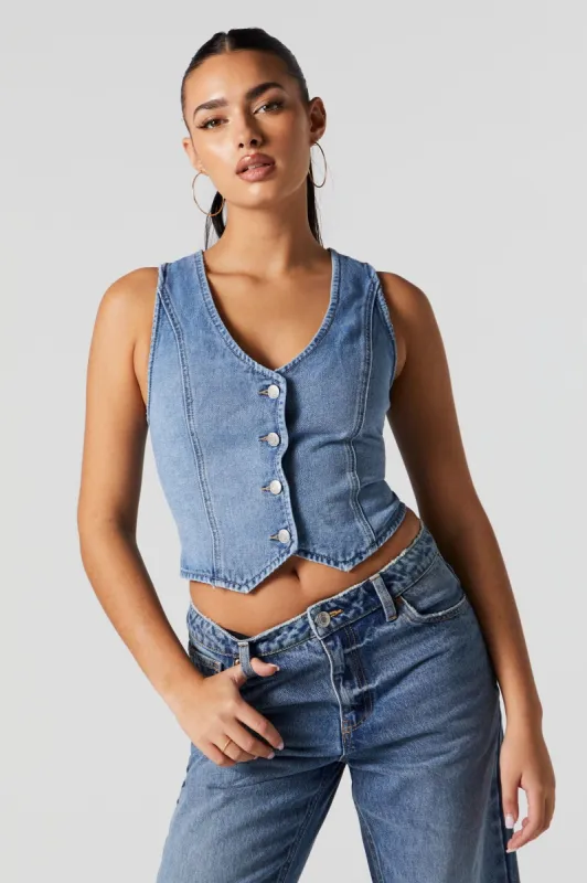 Medium Wash Denim Button-Up Vest sold by Charlotte Russe