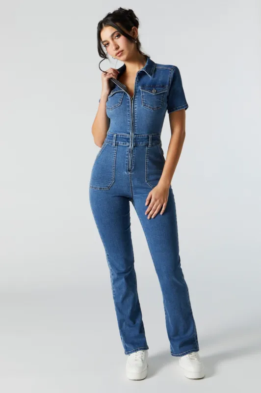 Medium Wash Denim Zip-Up Jumpsuit sold by Charlotte Russe