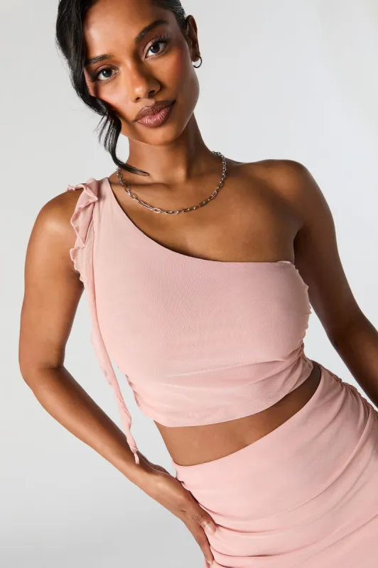 Mesh One Shoulder Ruffle Crop Top sold by Charlotte Russe