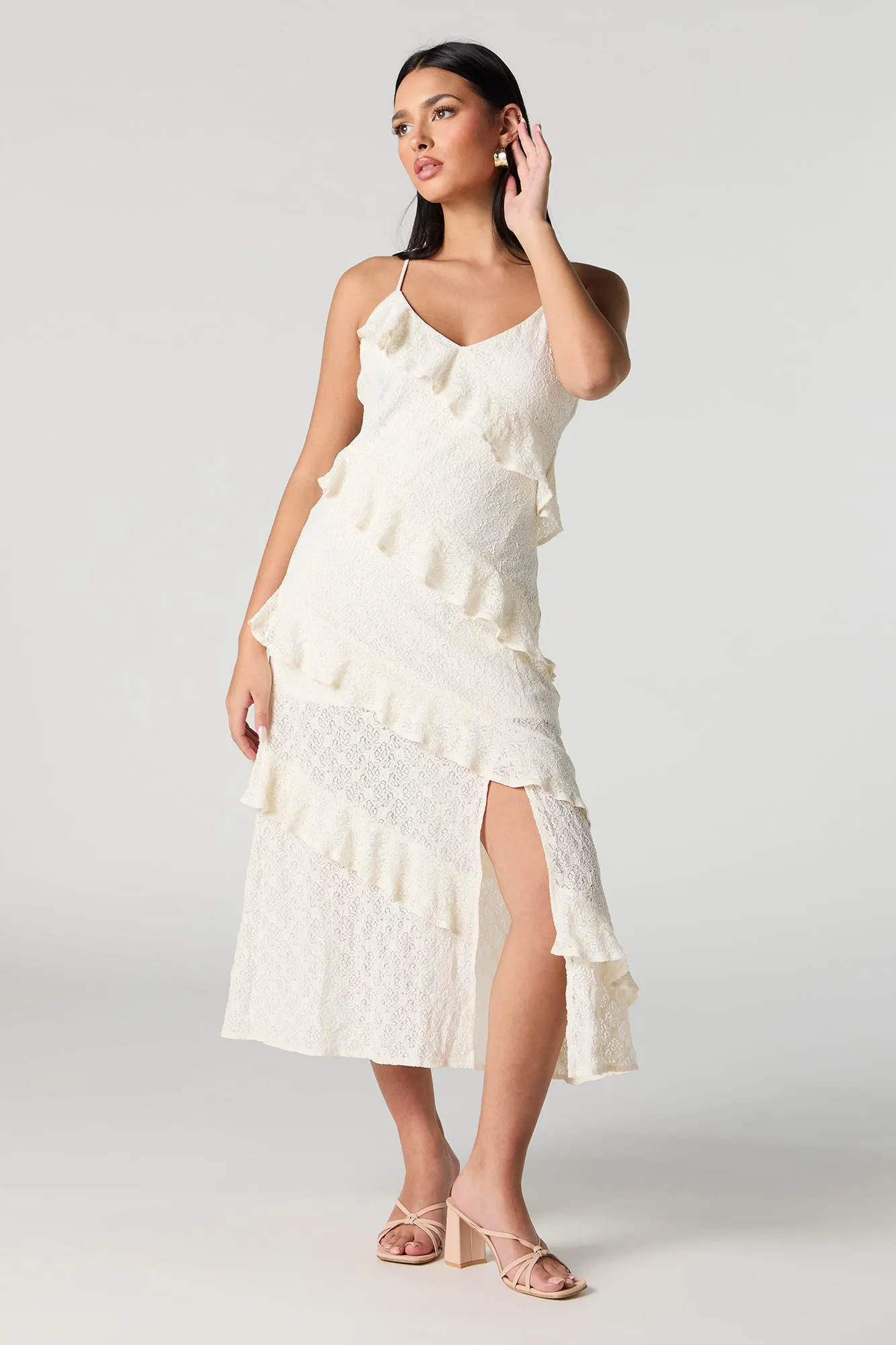 Lace Knit Ruffle Midi Dress sold by Charlotte Russe