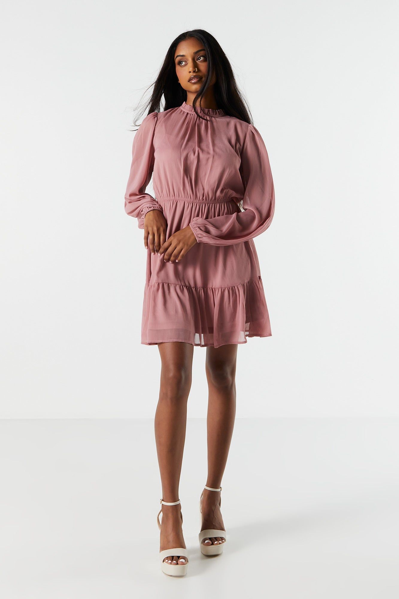 Chiffon Mock Neck Tiered Mini Dress sold by Charlotte Russe product image thumbnail 3