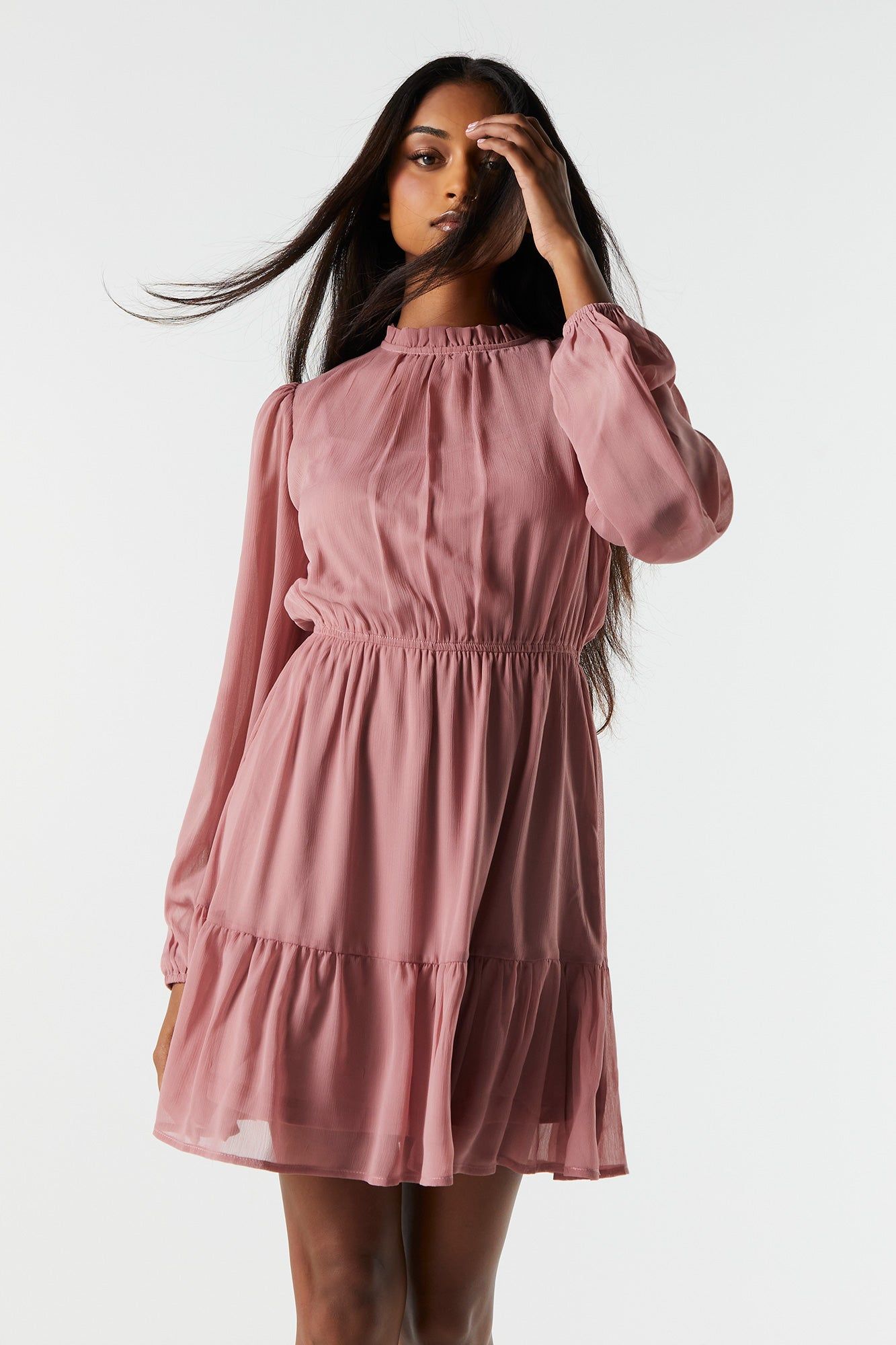 Chiffon Mock Neck Tiered Mini Dress sold by Charlotte Russe