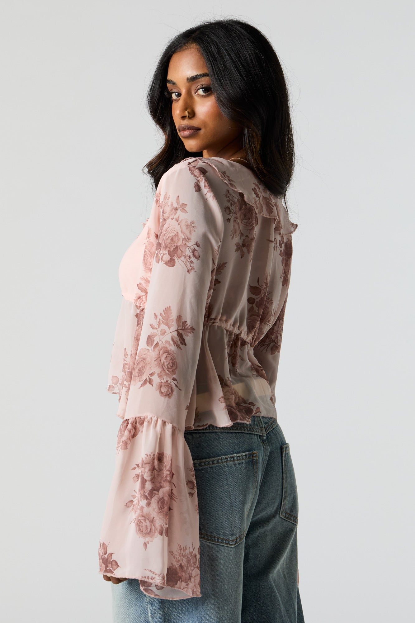 Rose Print Chiffon Front Tie Long Sleeve Top sold by Charlotte Russe product image thumbnail 2