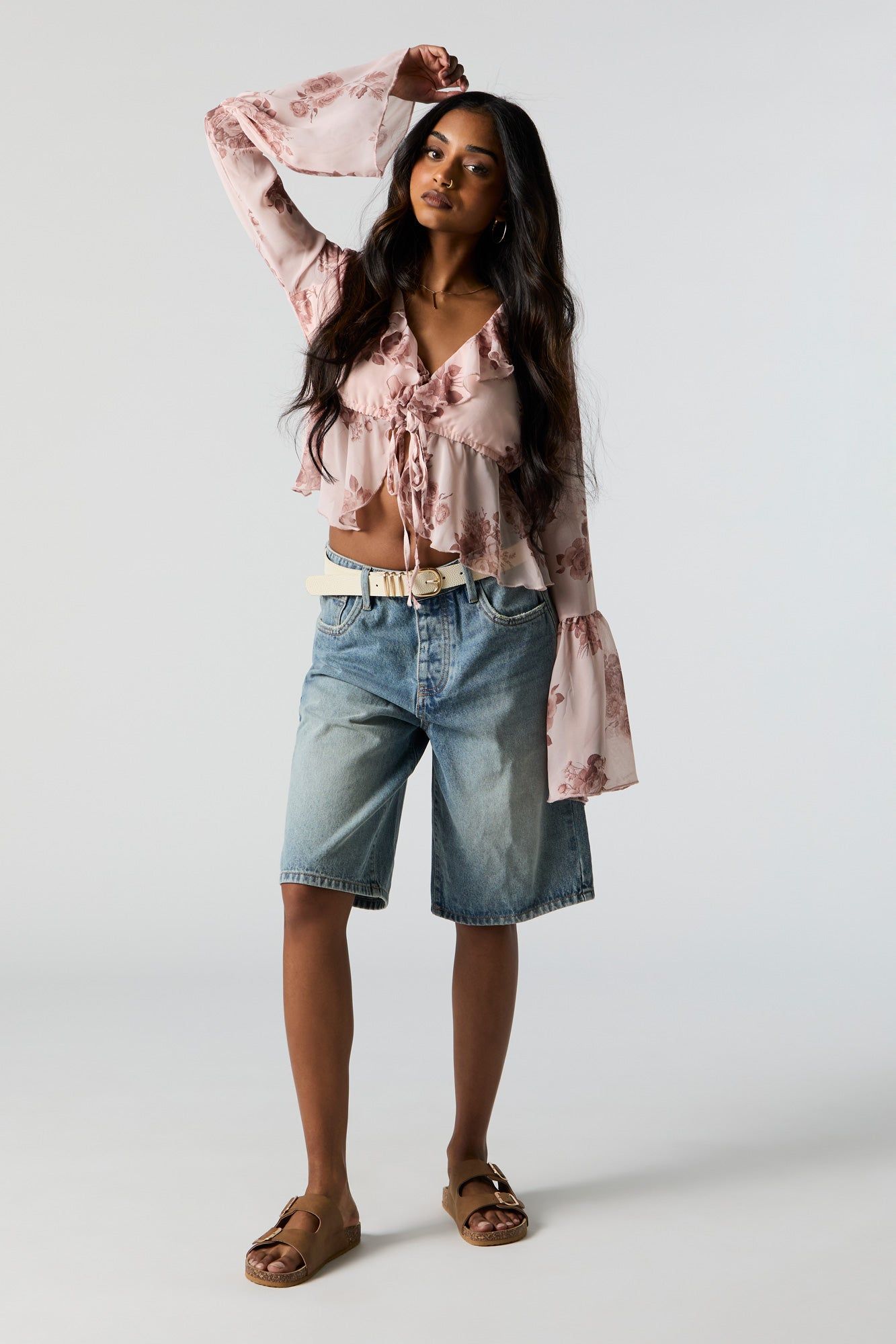 Rose Print Chiffon Front Tie Long Sleeve Top sold by Charlotte Russe product image thumbnail 3