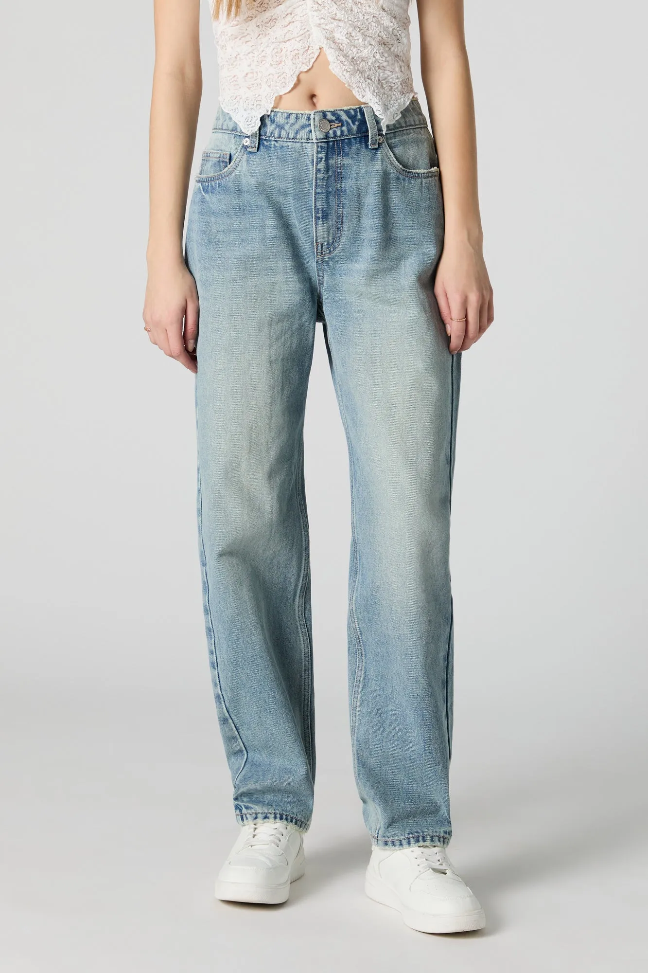 Light Wash Distressed High Rise Straight Leg Jean sold by Charlotte Russe product image thumbnail 2