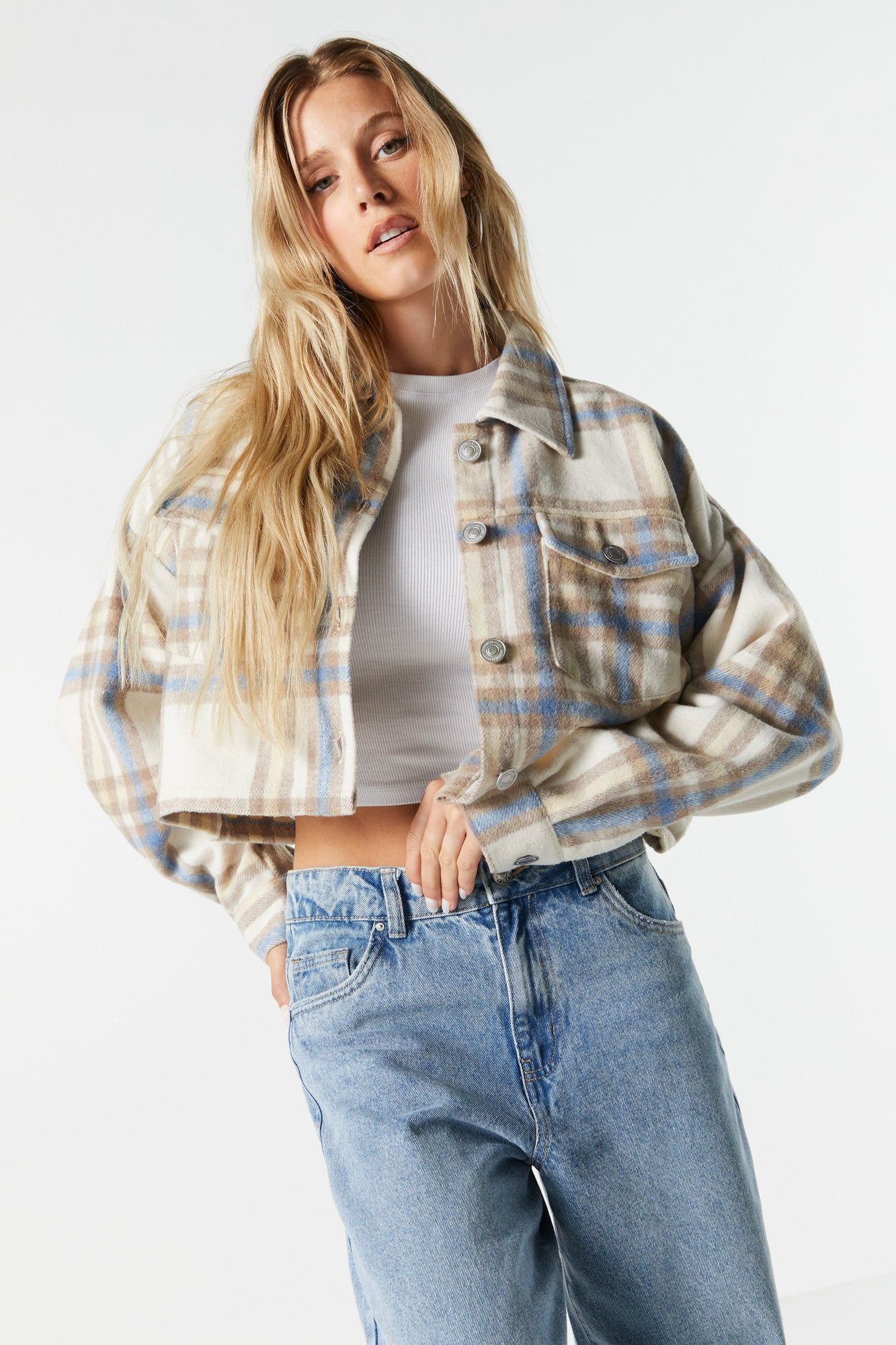 Plaid Button-Up Cropped Shacket sold by Charlotte Russe