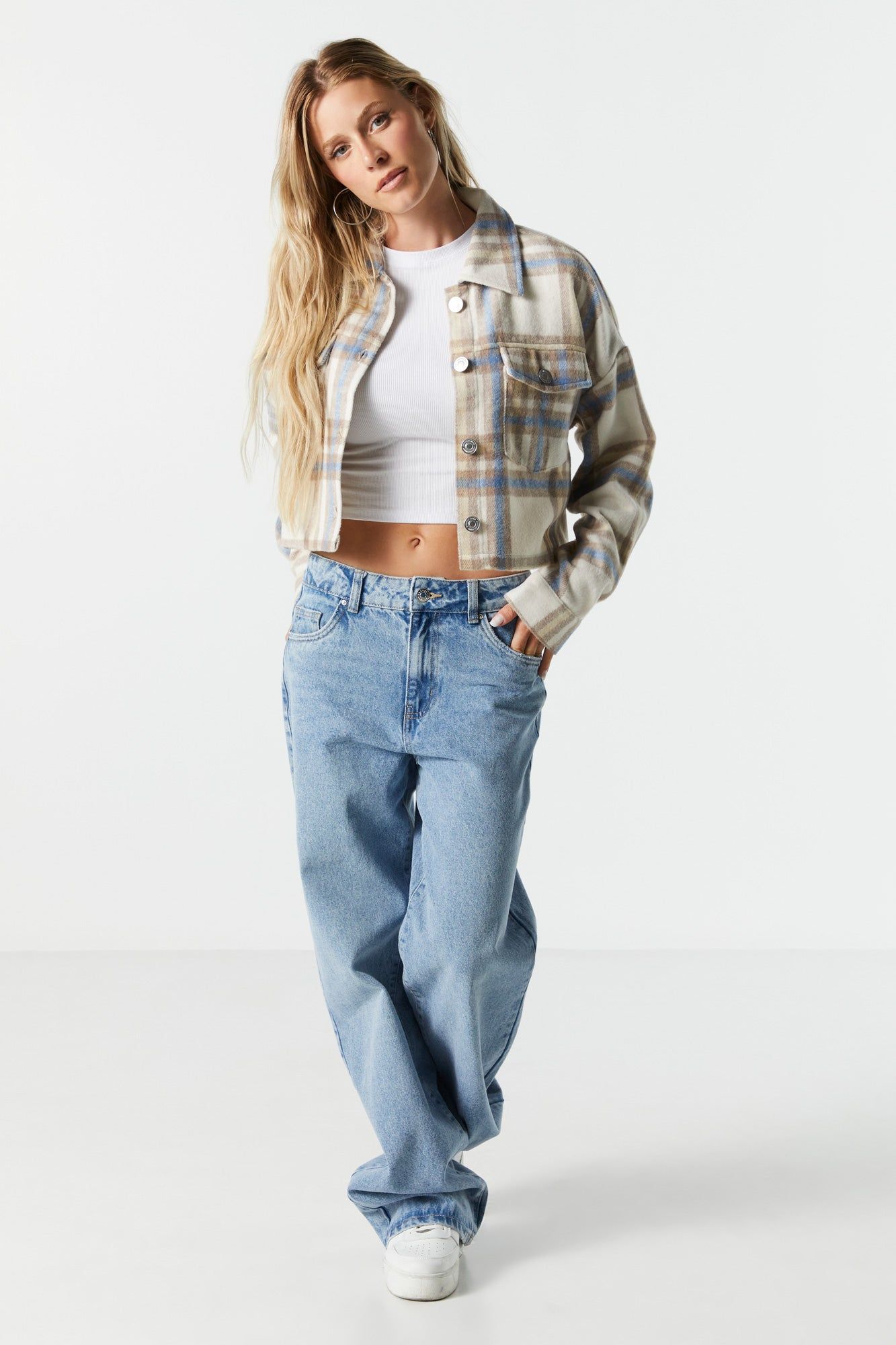 Plaid Button-Up Cropped Shacket sold by Charlotte Russe product image thumbnail 3
