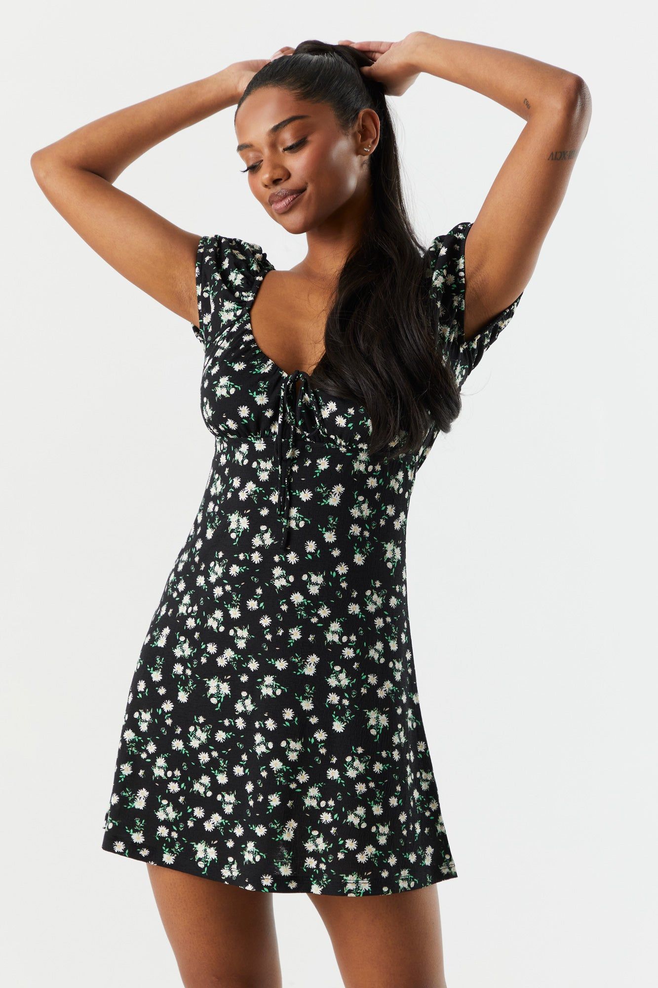 Black Floral Front Tie Milkmaid Dress sold by Charlotte Russe