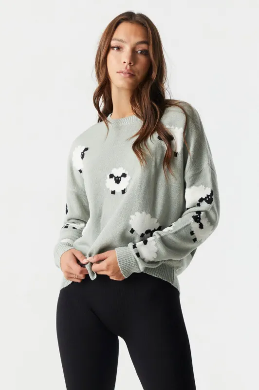 Sheep Print Knit Crew Neck Sweater sold by Charlotte Russe